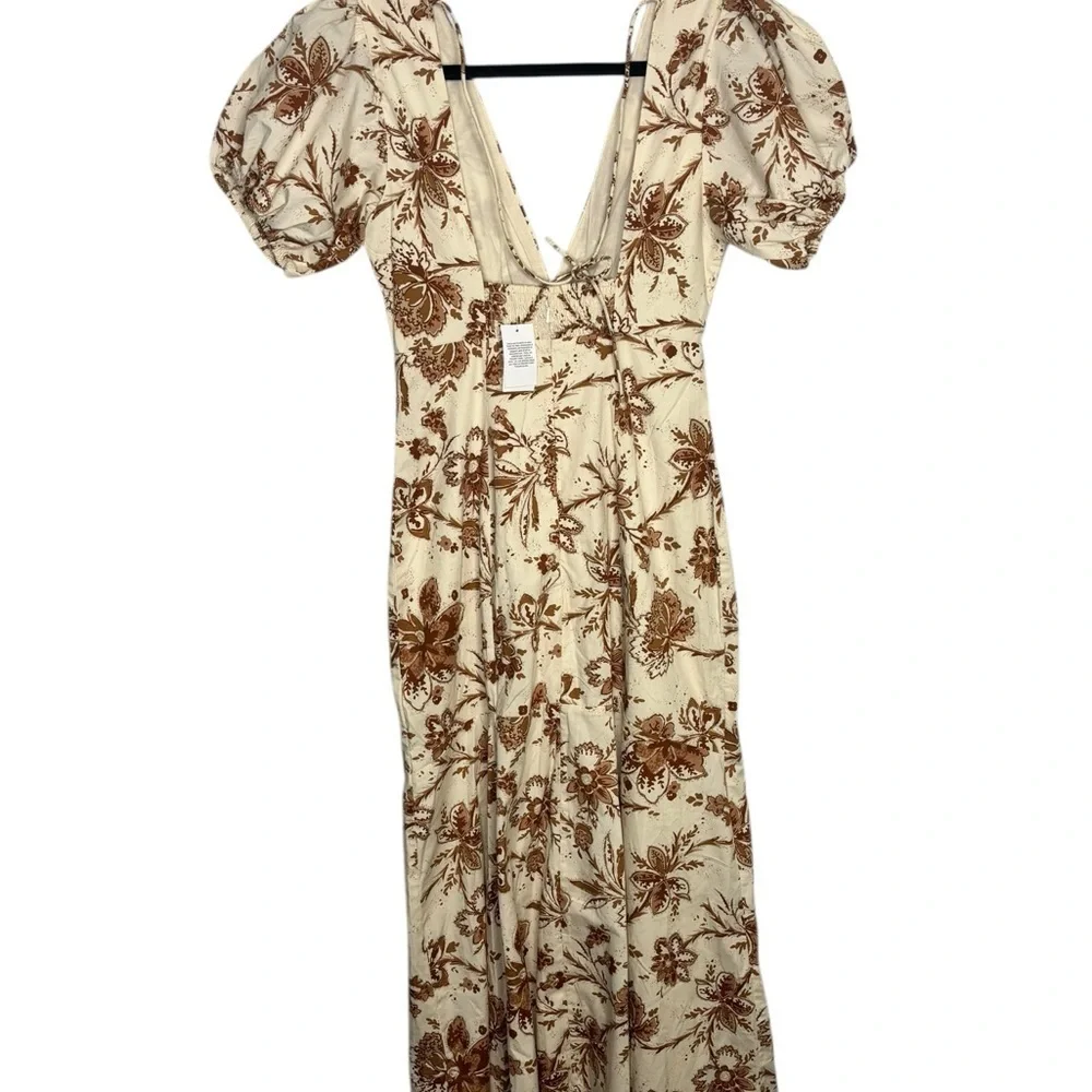 NEW Abercrombie and Fitch Cream Floral Printed Poplin Puff Sleeve Midi Dress XS